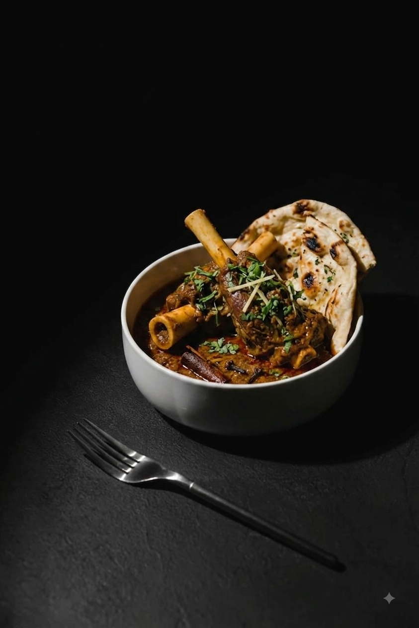 Slow-cooked curry in a clay bowl